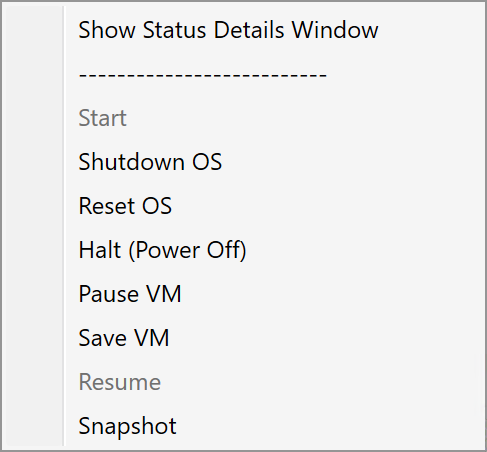 Example of Right-click menu for a VM